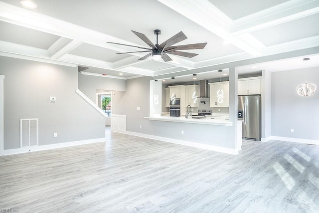 1825 Broadstreet Rd, Hampton, VA 23666 - unfurnished living room featuring coffered ceiling, a ceiling fan, light wood-style floors, baseboards, and beam ceiling