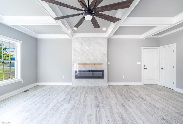 1825 Broadstreet Rd, Hampton, VA 23666 - unfurnished living room featuring coffered ceiling, wood finished floors, beam ceiling, a fireplace, and baseboards