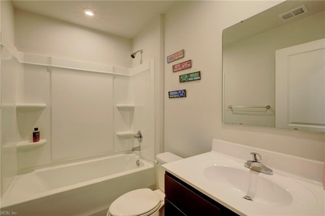 full bathroom with vanity, bathtub / shower combination, and toilet