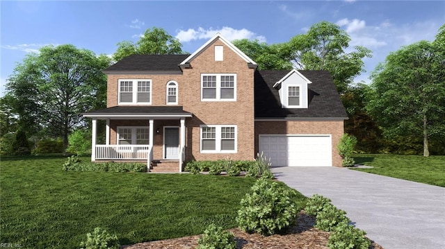 view of front of home featuring a garage, a front yard, and covered porch