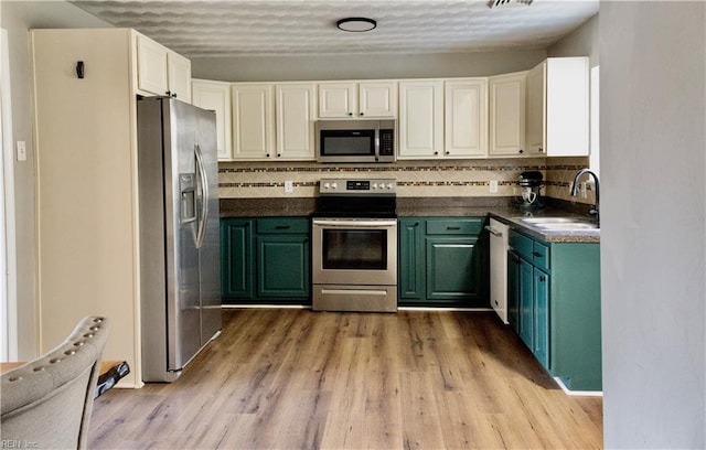 kitchen featuring sink, stainless steel appliances, light hardwood / wood-style floors, white cabinets, and decorative backsplash