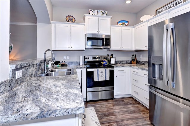 kitchen with white cabinetry, sink, dark wood-type flooring, and appliances with stainless steel finishes