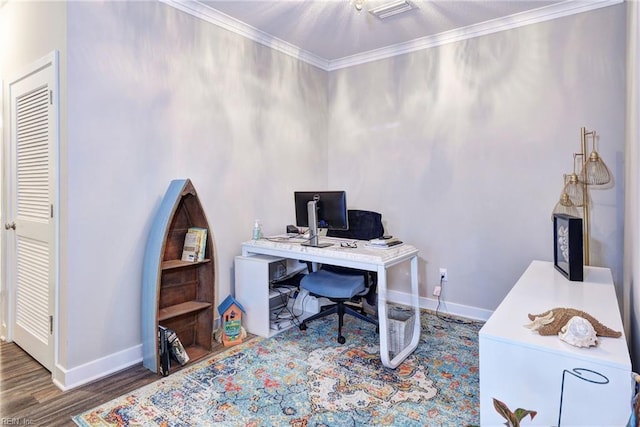 home office with ornamental molding and dark hardwood / wood-style floors