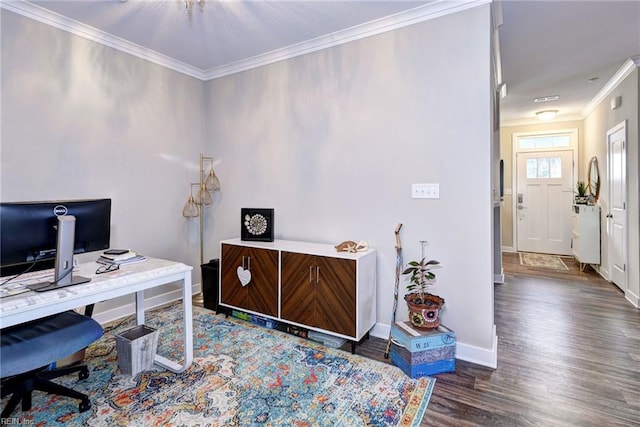 office space featuring dark wood-type flooring and ornamental molding