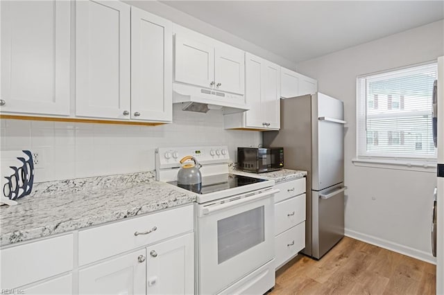 3613 Wetherington Dr Unit 103, Virginia Beach, VA 23453 - kitchen with white cabinetry, white electric range, and stainless steel fridge