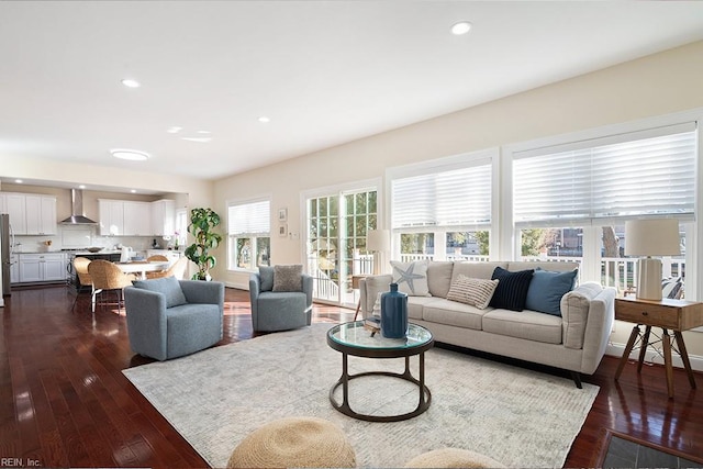 living room with dark hardwood / wood-style flooring