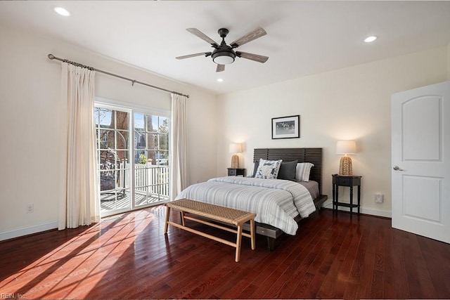 bedroom with ceiling fan, access to exterior, and dark hardwood / wood-style flooring