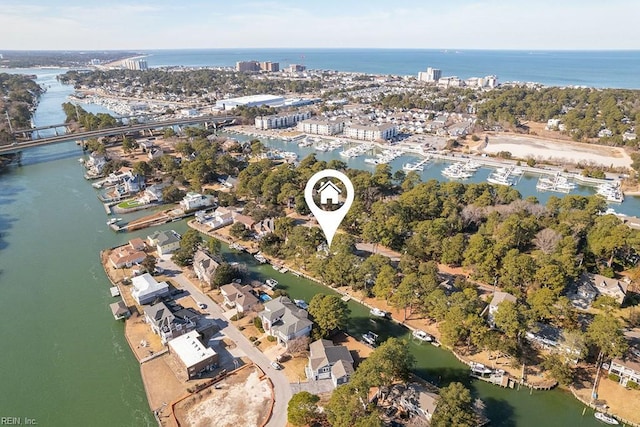 aerial view featuring a water view