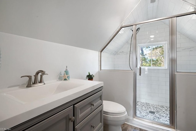 bathroom featuring toilet, a shower with shower door, vaulted ceiling, vanity, and hardwood / wood-style floors