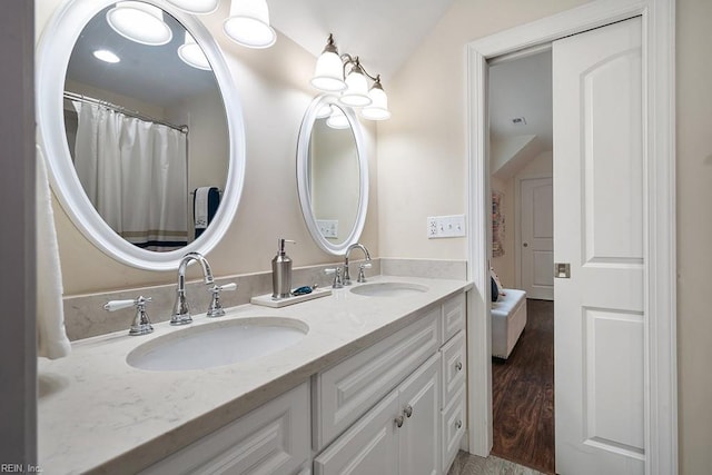 bathroom with vanity and wood-type flooring