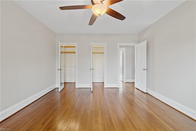 unfurnished bedroom with light hardwood / wood-style floors and ceiling fan