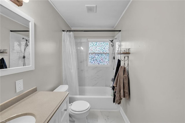 full bathroom featuring crown molding, shower / bathtub combination with curtain, vanity, and toilet