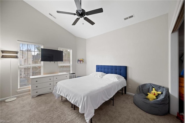 bedroom featuring high vaulted ceiling, light carpet, and ceiling fan