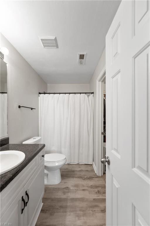 bathroom featuring vanity, wood-type flooring, and toilet