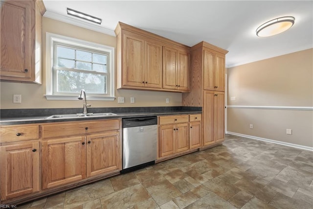 kitchen with sink, ornamental molding, and stainless steel dishwasher