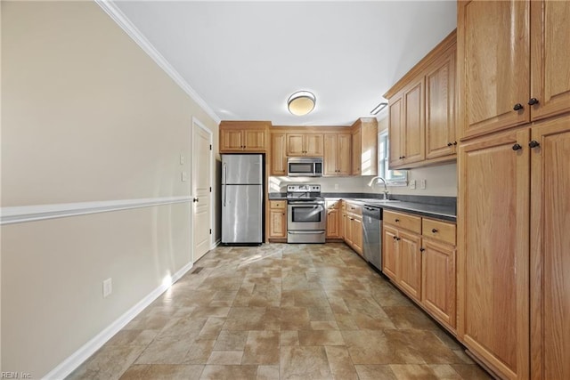 kitchen featuring sink, crown molding, and appliances with stainless steel finishes