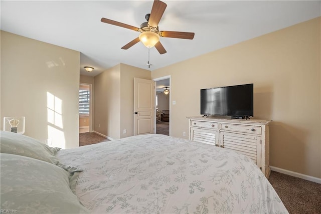 bedroom with ceiling fan and carpet flooring