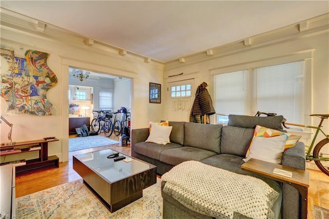 living room featuring light hardwood / wood-style flooring and ornamental molding