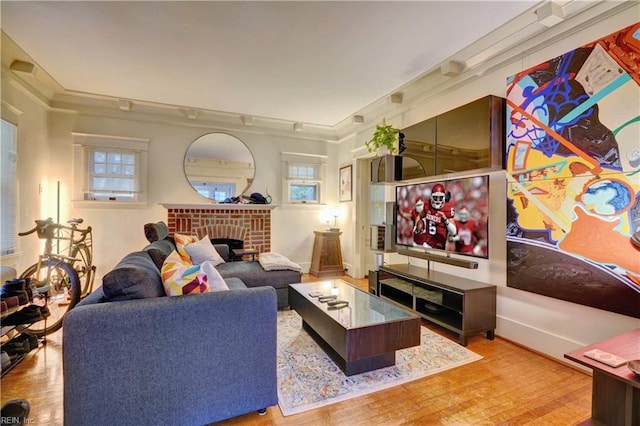 living room featuring hardwood / wood-style flooring and a fireplace