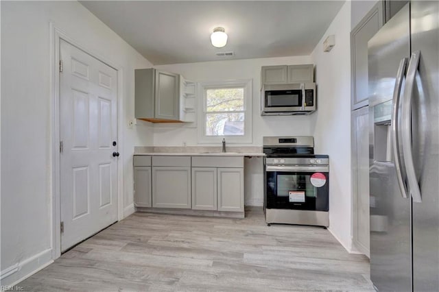 kitchen with stainless steel appliances, sink, gray cabinets, and light hardwood / wood-style floors