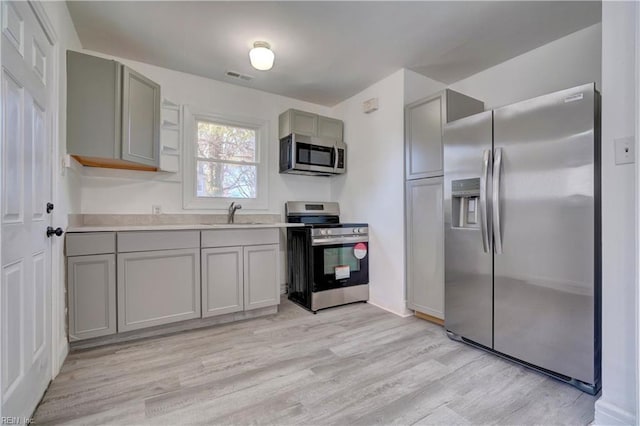 kitchen with gray cabinetry, sink, stainless steel appliances, and light wood-type flooring