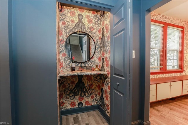 bathroom with hardwood / wood-style flooring