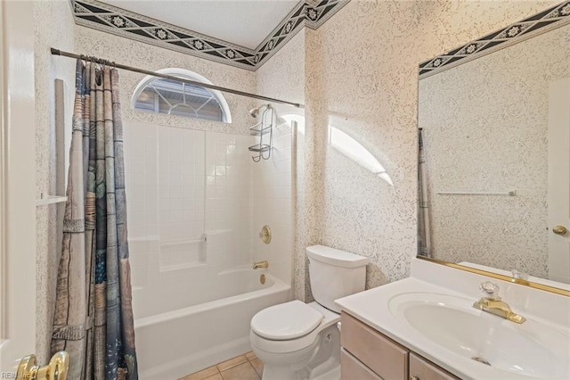 full bathroom with vanity, toilet, tile patterned floors, and shower / bath combo with shower curtain