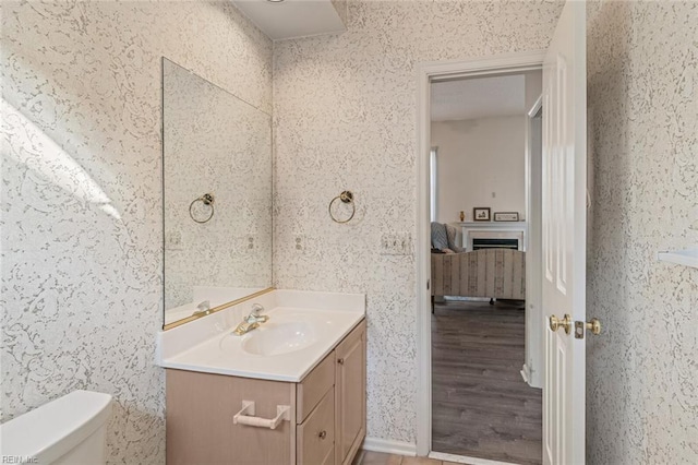 bathroom featuring vanity, hardwood / wood-style floors, and toilet