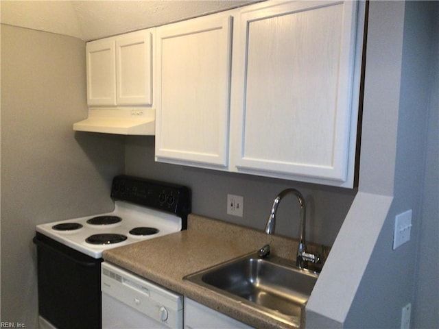 kitchen featuring white cabinets, dishwasher, sink, and range with electric stovetop