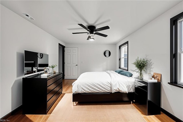 bedroom featuring ceiling fan and light hardwood / wood-style flooring