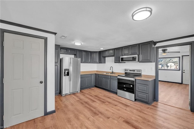 kitchen featuring sink, light wood-type flooring, appliances with stainless steel finishes, gray cabinets, and ceiling fan