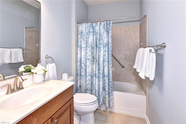 full bathroom with tile patterned flooring, vanity, toilet, and shower / tub combo with curtain