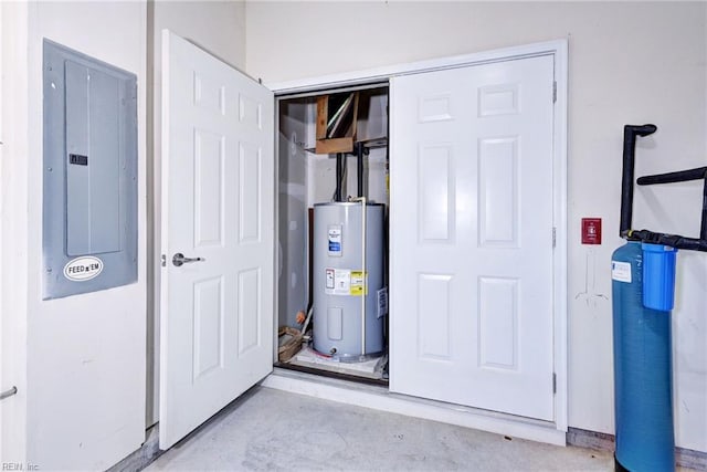 utility room with electric panel and water heater