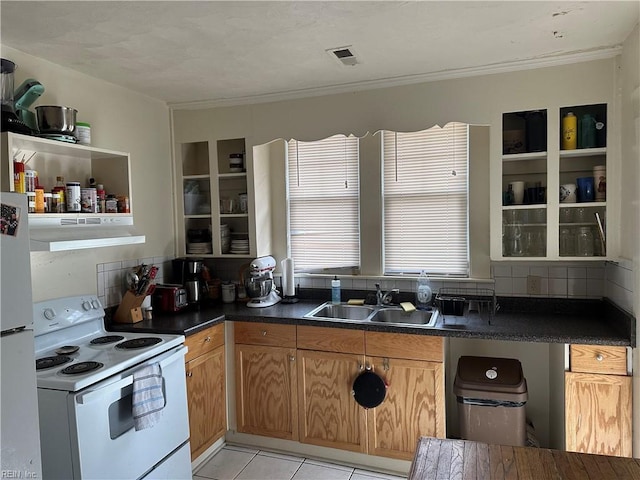 kitchen with sink, white appliances, light tile patterned floors, backsplash, and ornamental molding