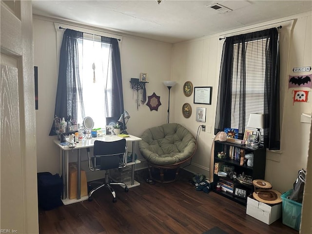 home office featuring dark wood-type flooring