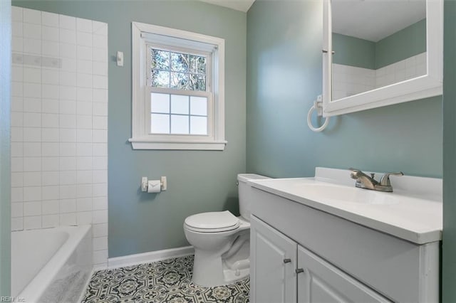 full bathroom featuring tile patterned flooring, vanity, tiled shower / bath combo, and toilet