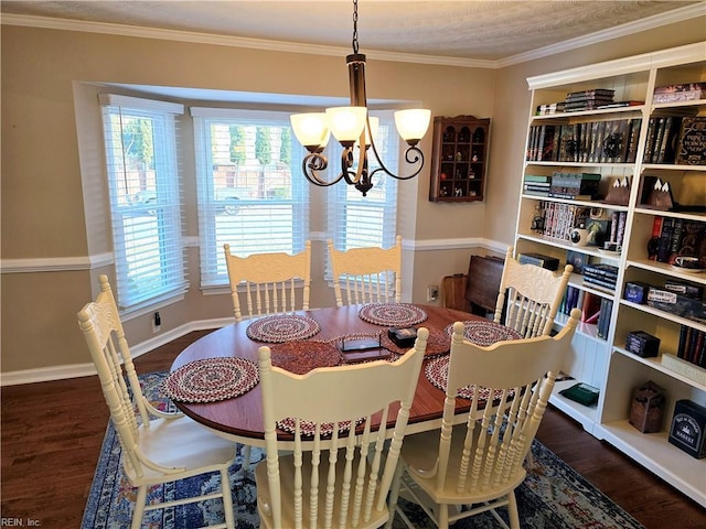 dining area featuring crown molding, dark wood-type flooring, and an inviting chandelier