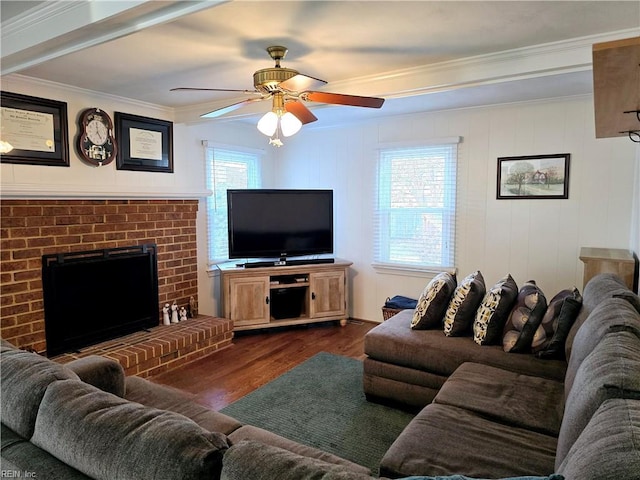 living room with ornamental molding, a healthy amount of sunlight, and dark hardwood / wood-style floors