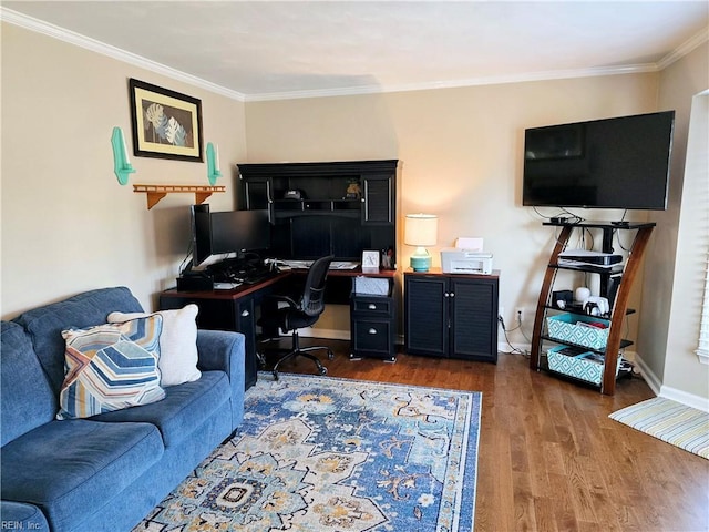 office space featuring ornamental molding and dark hardwood / wood-style flooring