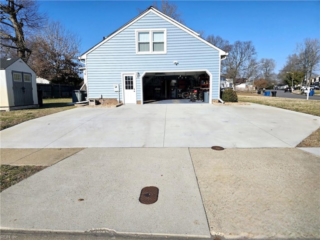 view of property exterior with central AC and a shed