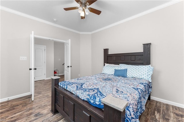 bedroom featuring crown molding, wood-type flooring, and ceiling fan