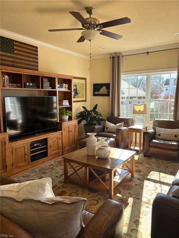 living room with crown molding and ceiling fan