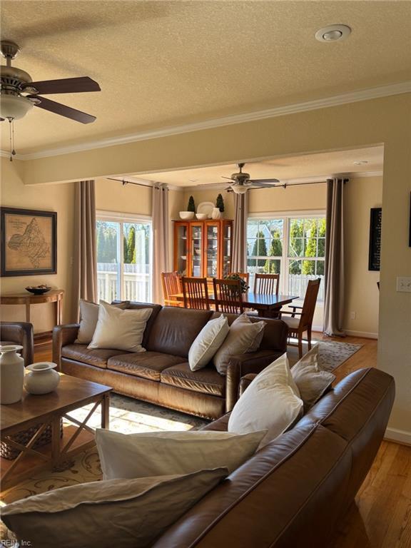 living room with hardwood / wood-style flooring, ornamental molding, a healthy amount of sunlight, and ceiling fan