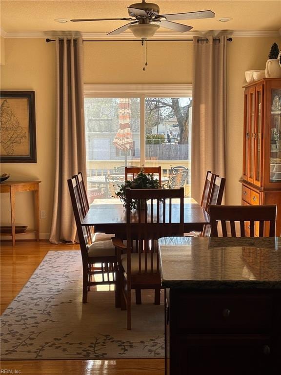 dining area with crown molding, ceiling fan, and light hardwood / wood-style flooring