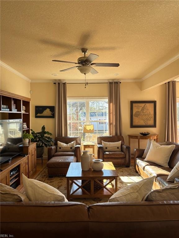 living room featuring a textured ceiling, ornamental molding, and ceiling fan