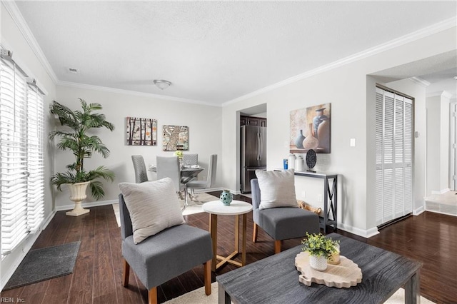 living room featuring crown molding and dark wood-type flooring