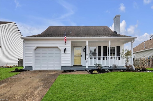 view of front facade with a garage, covered porch, and a front lawn