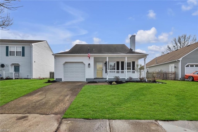 view of front of home with a garage, cooling unit, covered porch, and a front lawn