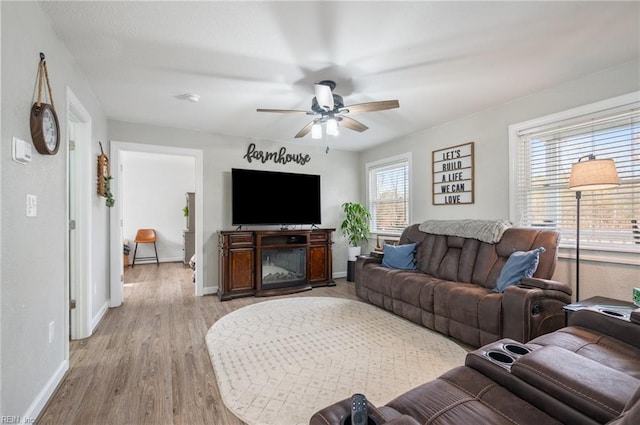 living room with ceiling fan and light wood-type flooring