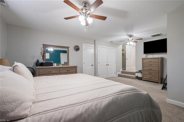 carpeted bedroom featuring ceiling fan